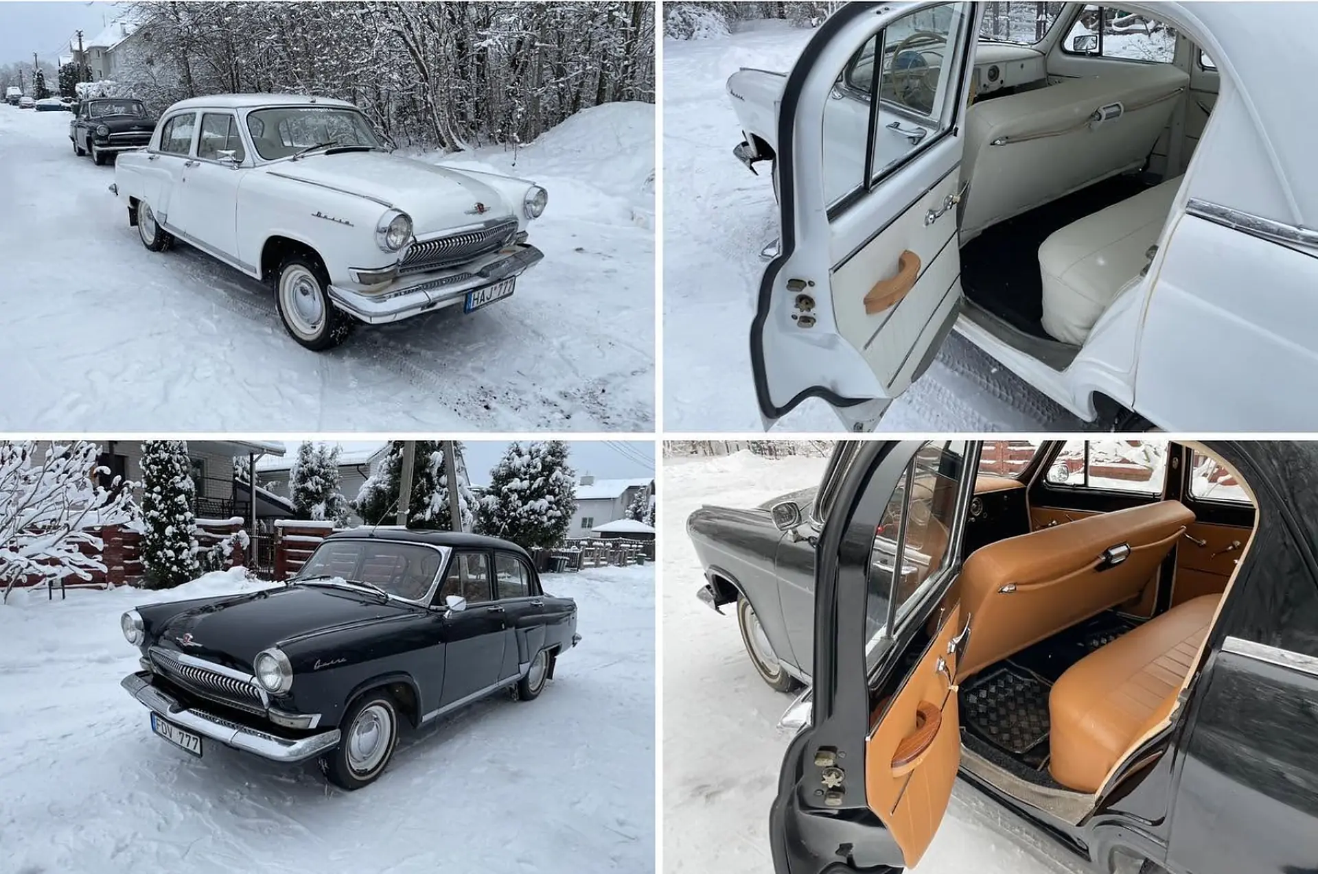Baltos ir juodos „Volgos“ žiemą bei automobilių interjero detalės